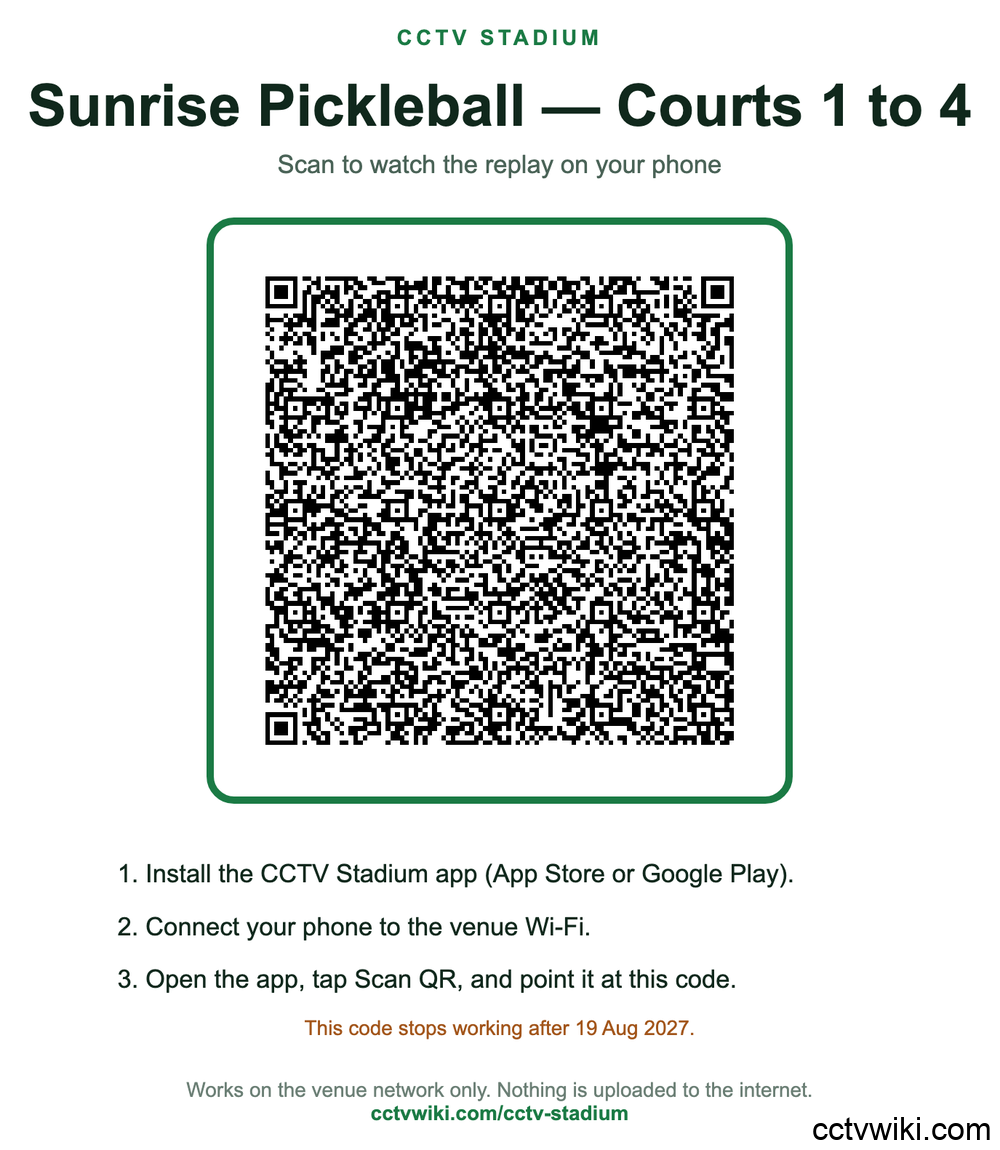 A printed A4 venue poster carrying the CCTV Stadium QR code