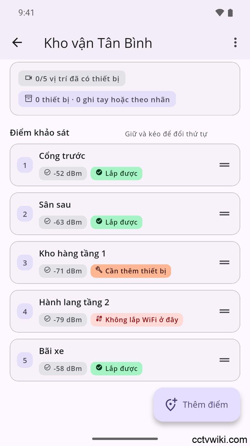 Danh sách vị trí khảo sát lắp camera WiFi, mỗi vị trí có mức sóng và kết luận riêng