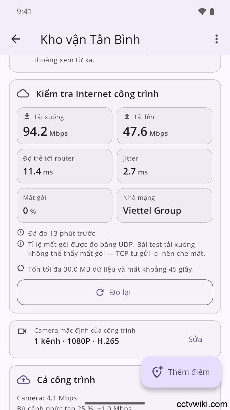 Đo tốc độ Internet của công trình trước khi lắp camera: 94,2 Mbps tải xuống, 47,6 Mbps tải lên