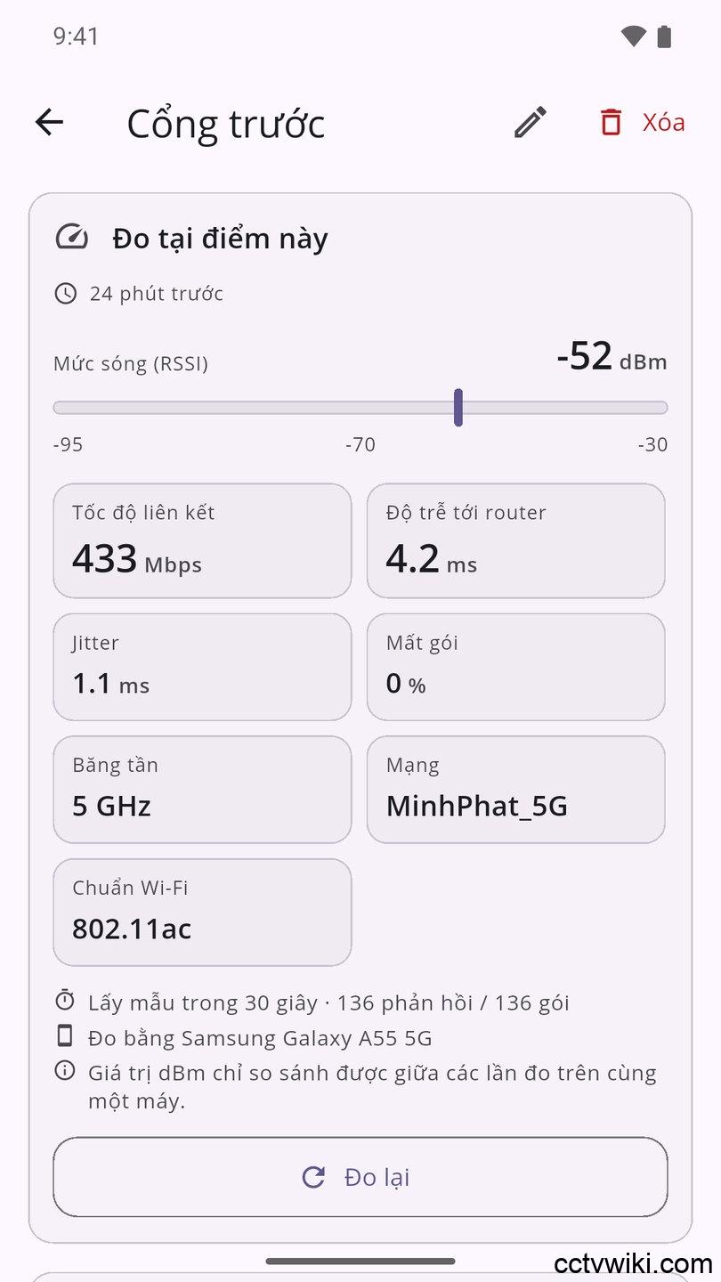 Kết quả đo sóng WiFi tại một vị trí lắp camera: RSSI −52 dBm, tốc độ liên kết 433 Mbps, độ trễ 4,2 ms